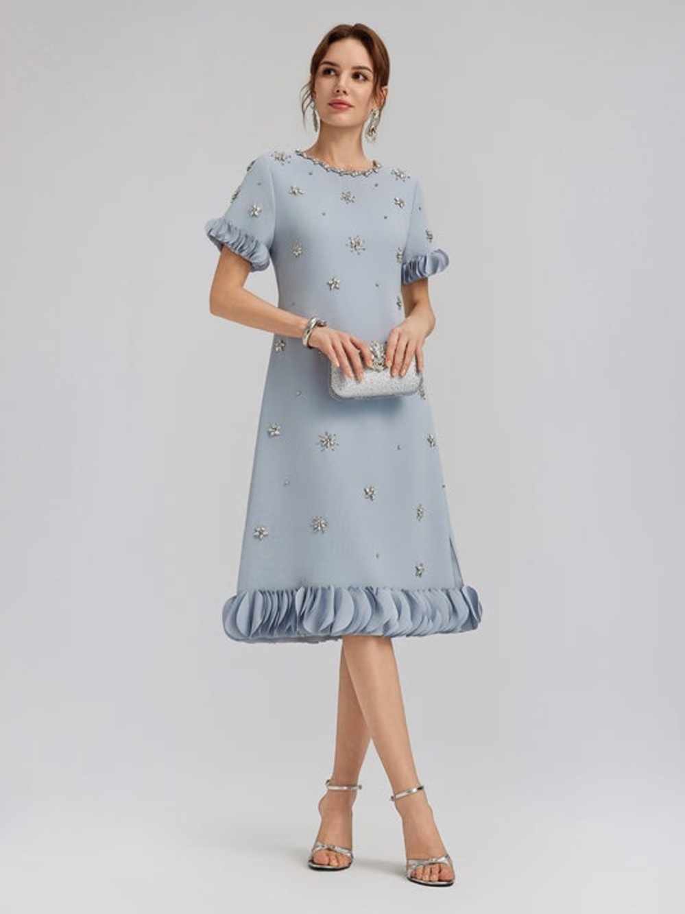Rich Radi QS NY Sz L Hand-Sewn Beaded Floral-Trim Dress 3D Embellished